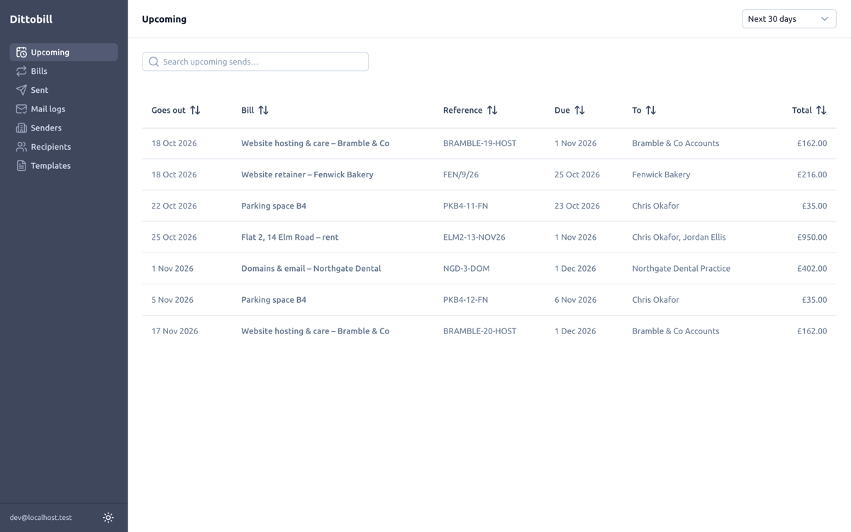 Dittobill’s Upcoming page: the next invoice for every bill, with send date, due date and total