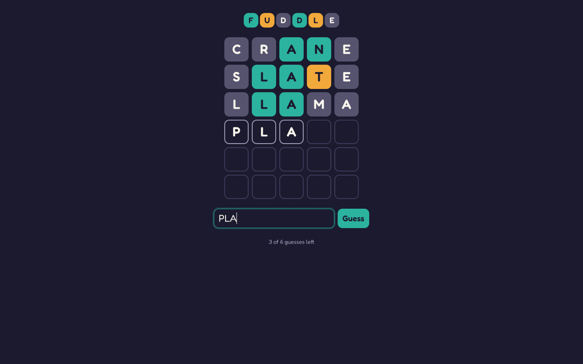 A Fuddle game three guesses in, letters marked teal, marigold and dusk, with the fourth guess being typed